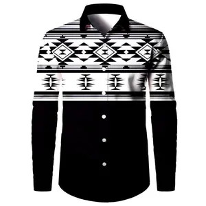 [Tribal Pattern Shirt] Black and White Men's Tribal Pattern Long Sleeve Shirt - Casual 100% Polyester Woven Fabric, All-Season Lapel Collar with Button Details, Regular Fit, 120gsm