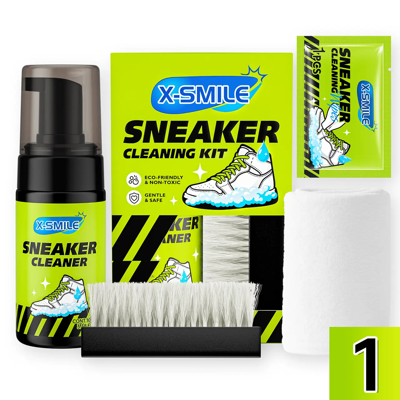 XS-SMILE sports/sneaker cleaning care product for white sneakers; foam dry clean; suitable for various shoe materials; easy to clean; includes built-in cleaning tools; no rinsing required; stain removal cleaner