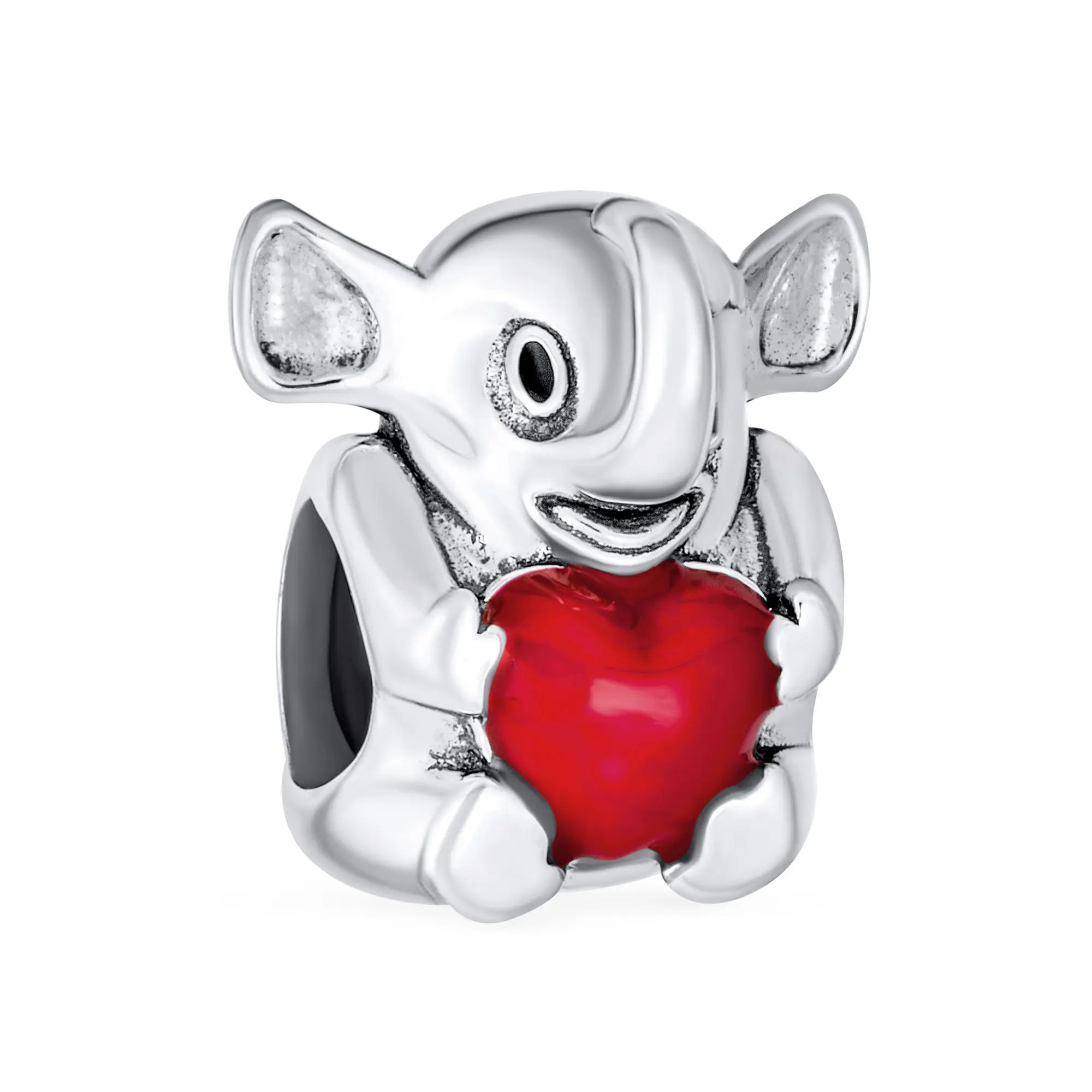 Red Heart Trunk Up Elephant Charm Bead for Bracelet .925 Sterling Silver