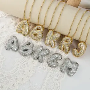 Fashionable Full Synthetic Zircon Inlaid Initial Big Letter Pendant Necklace for Women and Men, 3D Fat Balloon Bubble 26 Alphabet Necklace Dainty Jewelry, Burst A-Z Capital Letter Pendant Birthday/Party/Daily Versatile Decor, Charm Gift for Girls