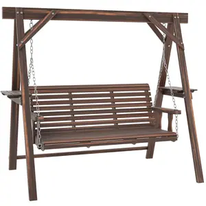 3-Seat Carbonized Brown Wooden Porch Swing with Stand and Side Tables, Outdoor Patio Swing for Garden, Backyard