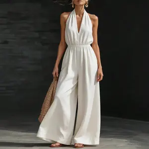 2026 Women's Halter V Neck Sleeveless Backless Jumpsuit, Solid Color Casual Loose Wide Leg Jumpsuits with Pockets