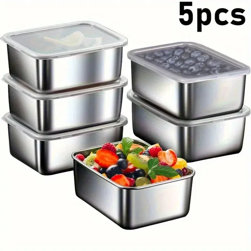 5-Pack Stainless Steel Food Storage Containers with Airtight Lid, Compact Pressure Lock, Leakproof Design, BPA-Free, Stackable, Dishwasher Safe for Meal Prep, Camping, Reusable Kitchen Preserving Tool That Maintains Freshness