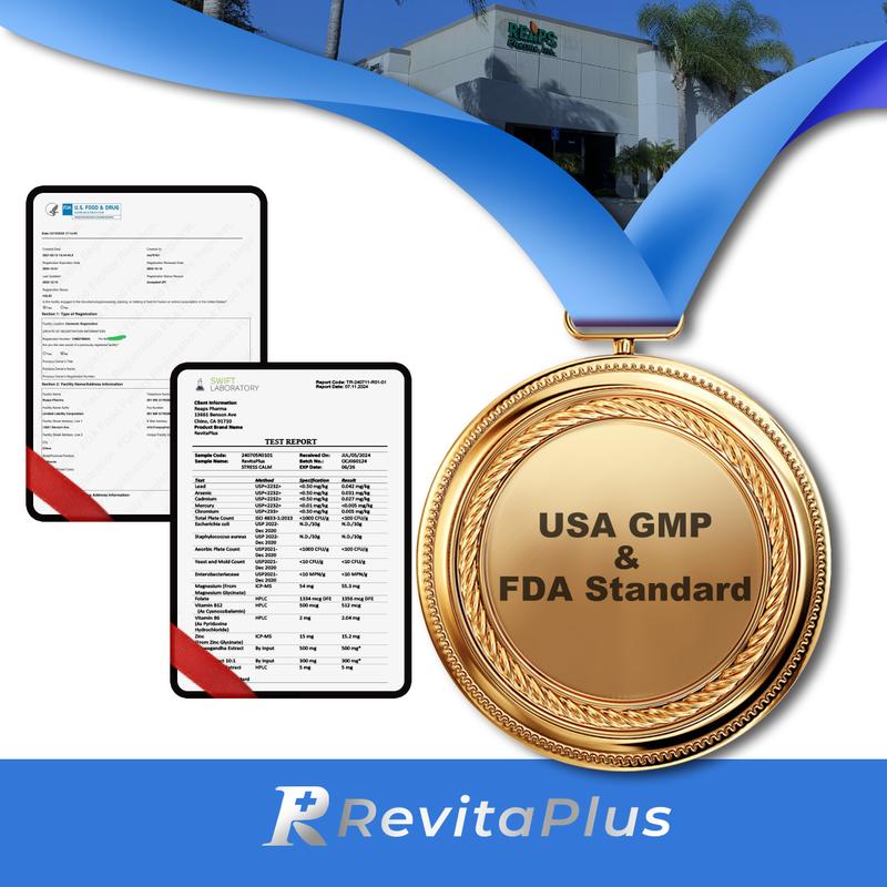 RevitaPlus Stress Calm Dietary Supplement with Ashwagandha Maca Magnesium Vitamin B12 & B6 Black Pepper 90 Veggie Capsules for Stress Relief Sleep Support & Strength Enhancement Made in USA FDA Registered - Healthcare