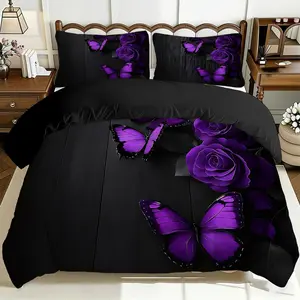2/3 Pcs Comfortable Purple Butterfly And Rose Duvet Cover Set, Soft And Breathable, 100% Polyester Fiber High-Definition Digital Printing Design, All-Season Home Gift, Machine Washable (1 Duvet Cover +1/2 Pillowcase, No Filling)