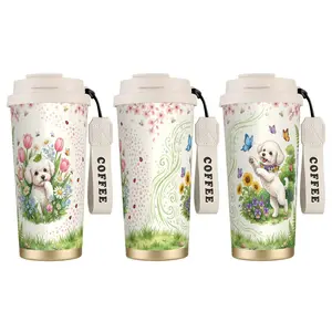 1pc Maltese Dog Flower Garden Coffee Cup Cartoon, Cute, Fun,Portable Dual Drink Thermos Cup, Thermos Cold Water Cup, Suitable for Hot And Cold Beverages, Suitable for Men And Women, Office, Home, Outdoor, 'S Day Gifts