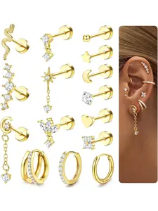 Sweet 15 Pcs Golden Helix Piercing Jewelry Gentle Copper Surgical Steel Flat Back Earrings for Women Men Forward Helix Stud Hoop Earrings Cartilage Earrings Daith Tragus Rook Conch Piercing Jewelry Set