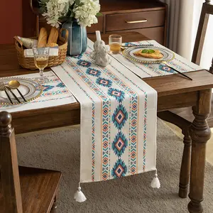 Bohemian Style Home Cotton Yarn Table Runner Heat Insulation Tea Table Mat Woven Tassel Living Room Coffee Table Tea Flag