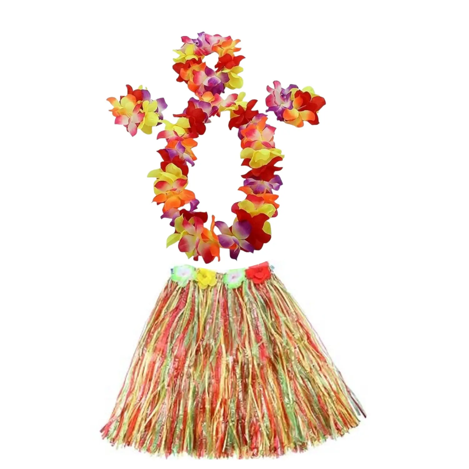Women's 7-Pcs Hawaiian Luau Hula Polyester Lightweight Ruffle Grass Skirt & Large Flower Clothes Set with Colorful Silk Headband - Comfortable Dance Party Decor Accessories, Home Improvement Supplies
