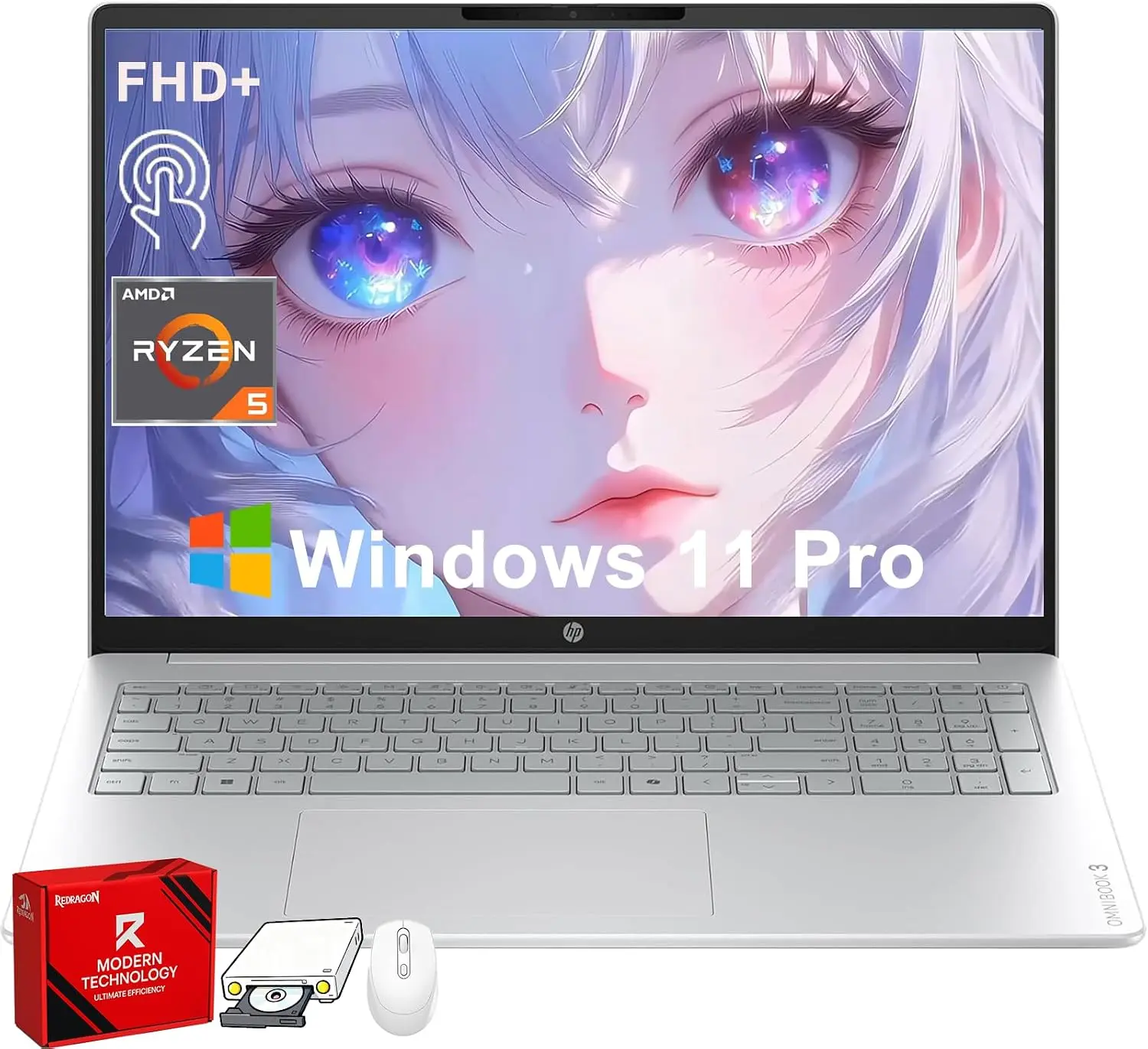 HP OmniBook 16" FHD+ Touch Business Students Laptop AMD R5 8GB DDR5 256GB | (1920x1200 WUXGA) IPS Touchscreen, 14.25H Long Battery Life, Numerique Pad, Win 11 Pro OS, Weighs 3.61 lbs, w/Accessoiries