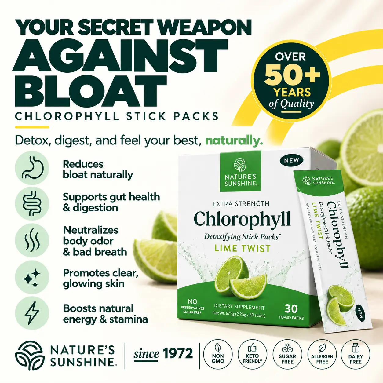 Nature's Sunshine Chlorophyll Stick Packs: Lime Twist. Your Daily Detox- Reduce Bloat, Control Odor, Clear Skin, Boost Energy, Support Digestion Nutrition Healthcare
