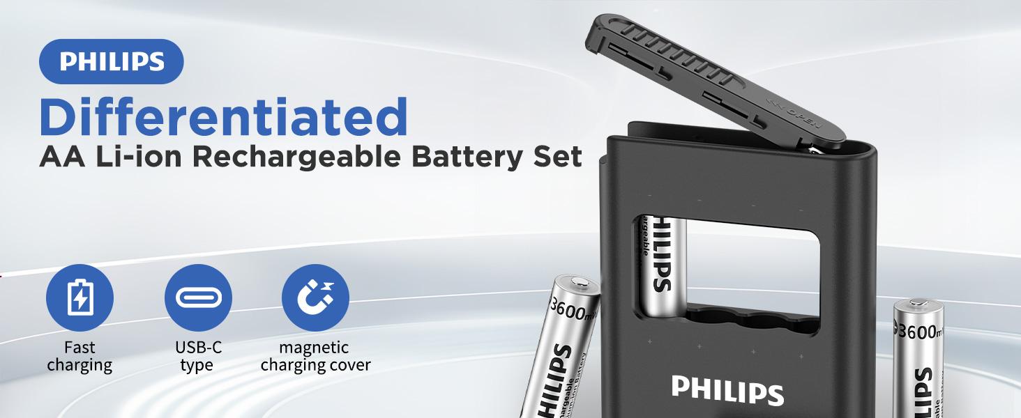 Philips 1.5V AA Lithium Rechargeable Batteries with Fast Charger 4 Pack - 3600mWh High Power Li-ion Double A Batteries Long Lasting for Xbox/Blink/Flashlights