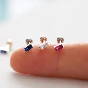 Tiny Baguette Tragus Labret • Square Rhinestone Cartilage Piercing • Vibrant Rectangular Colorful Threadless Pushpin • Forward Helix Earring