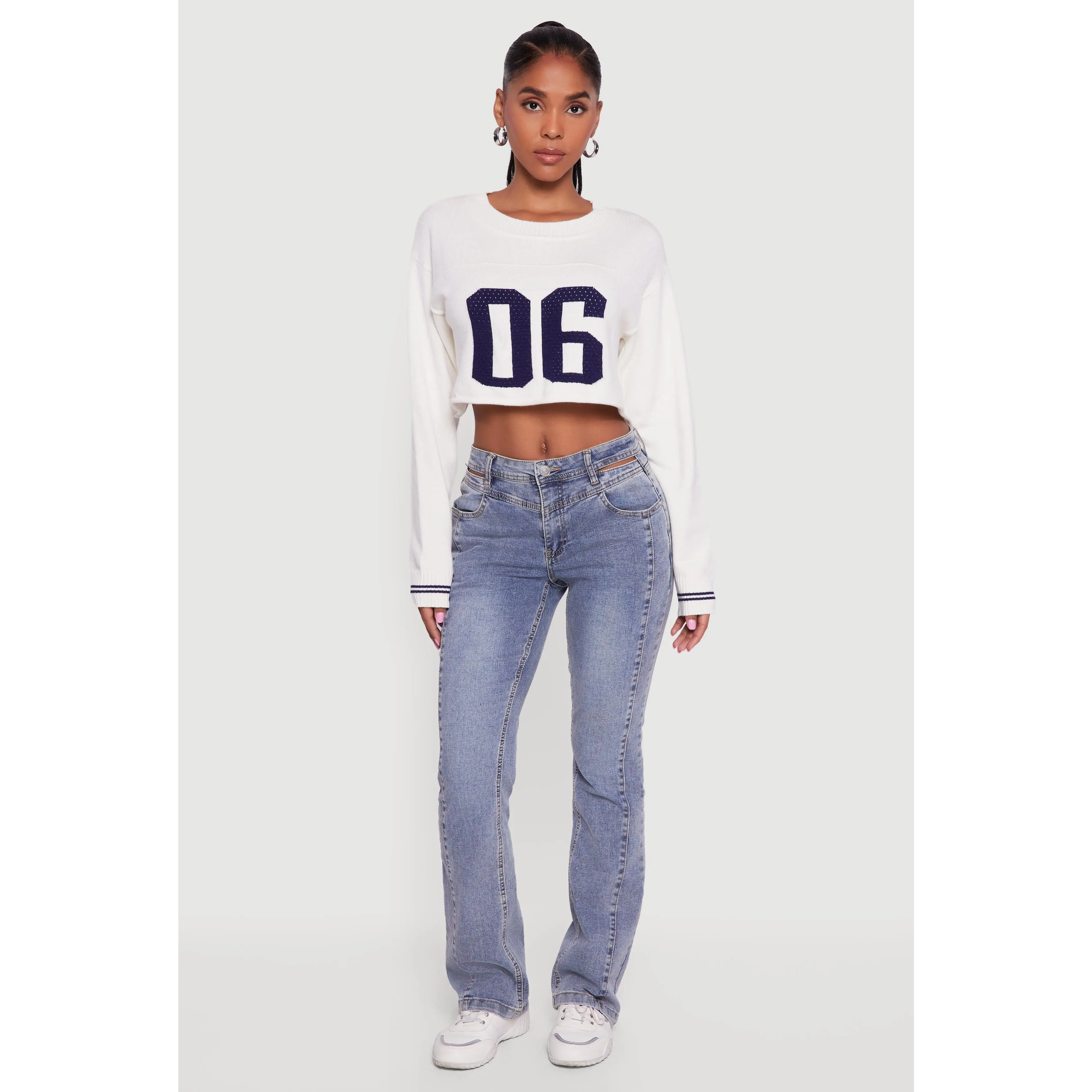 06 Graphic Varsity Stripe Detail Cropped Sweater