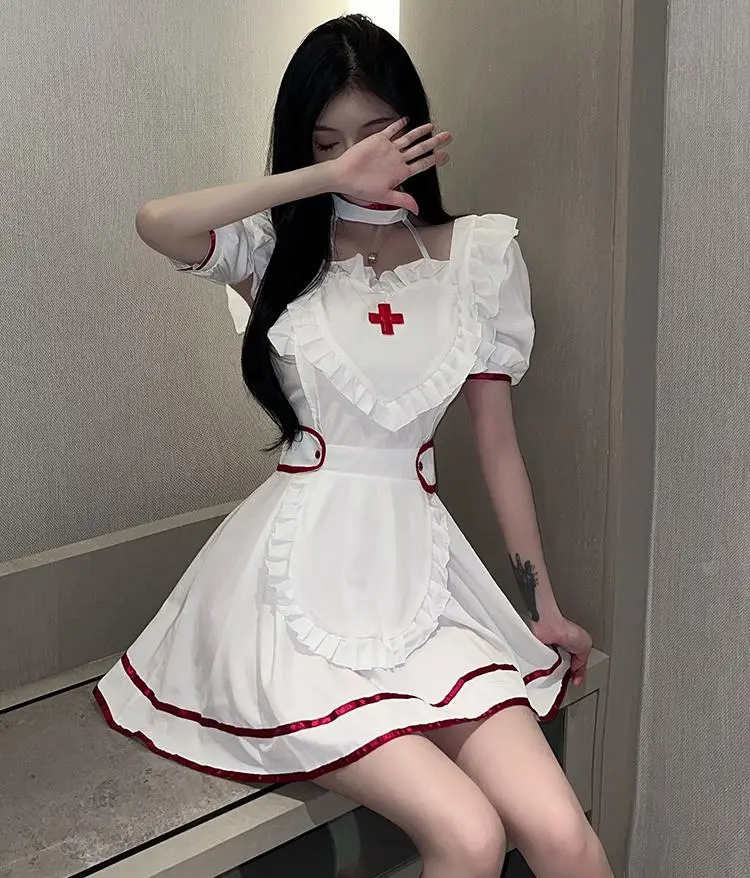 Women's Nurse Cosplay Costume, Sweet A-Line Mini Dress with Ruffles, Puff Sleeves, and Heart Detail for Halloween Party, Costumes, Accessories, Casual, Flared, Clothes, Soft