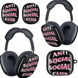 Anti Social Social Club ASSC Earcups Covers for AirPods Max & Case for AirPods Pro 2/1 - Streetwear Aesthetic Silicone Protective Cover, Scratch-Resistant Headphone Skin, Trendy Pink Scribble Black Matte Finish Accessory Set
