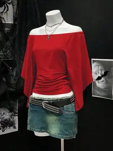 Elegant Off-Shoulder Flared Sleeves Ruched Flounce Hem Women's Casual T-Shirt, Stylish Loose Fit, Perfect for Daily Wear, Comfortable and Trendy