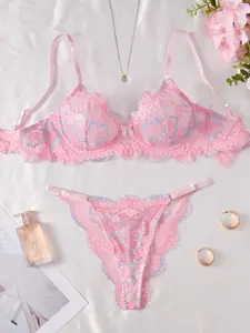 Women's Sexy Lace Bra & Thong Set, Underwear Sets, Sweetheart Design, Full Coverage Wireless Lingerie, Medium Support, Spring Summer Fashion, Underwear