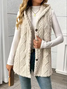 Women's Cozy Hooded Plush Vest, Soft Warm Winter Fashion, Single Button Design, Perfect for Fall & Winter
