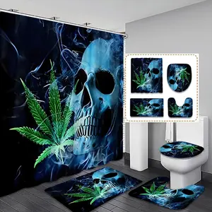 Halloween Spooky Gothic Skull Shower Curtain Set, Waterproof Fabric, Includes Toilet Lid Cover, Bath Mat & U-Shaped Pad, Unique Home Bathroom Decor