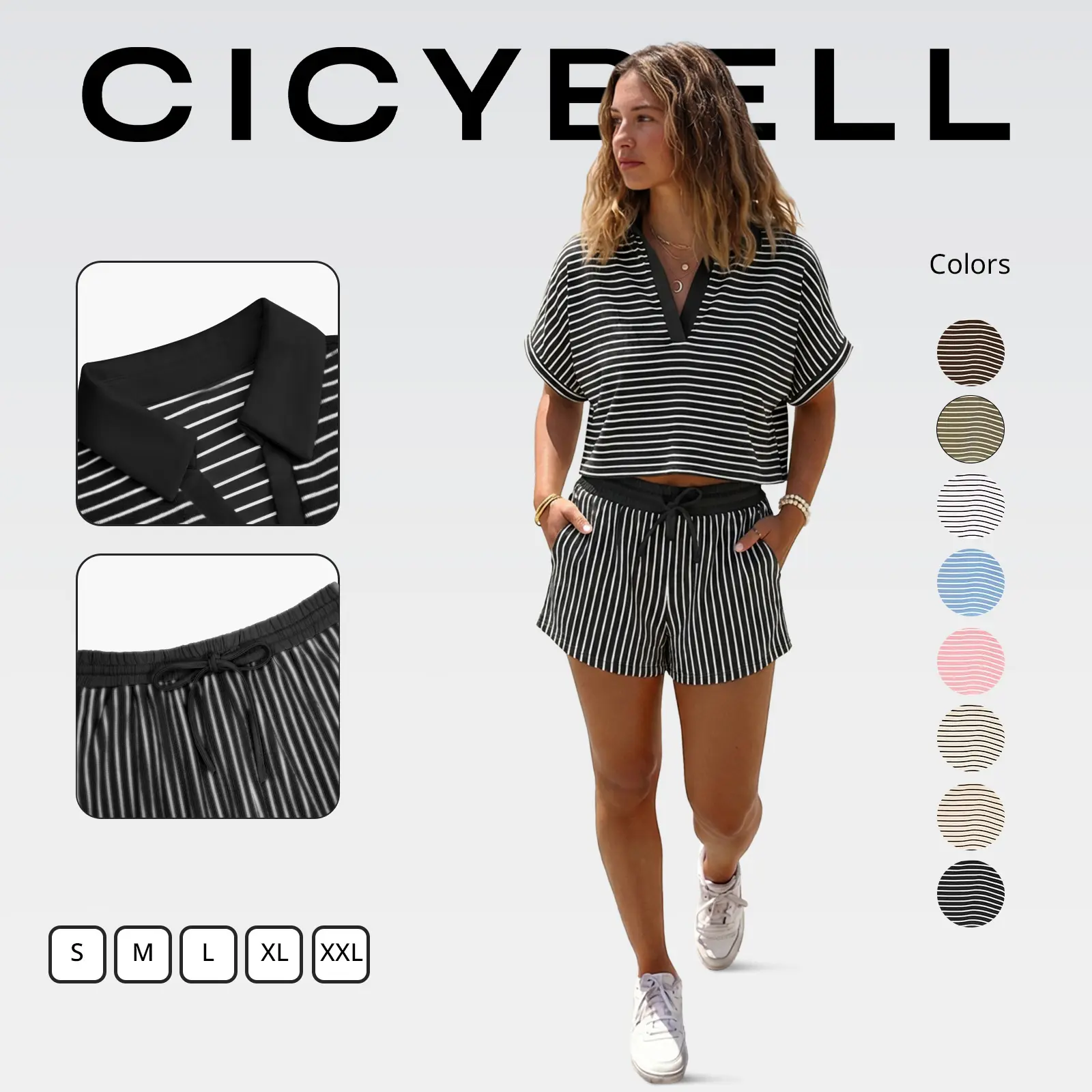 Cicy Bell Womens Striped 2 Piece Short Sets Summer Short Sleeve Collared V Neck Cropped Tops Vacation Casual Lounge Outfits Cicy Bell Womens Striped 2 Piece Short Sets Summer Short Sleeve Collared V Neck Cropped Tops Vacation Casual Lounge Outfits