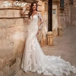 YunShang V-Neck Mermaid Wedding Dress 2024 Long Sleeve Lace Appliques