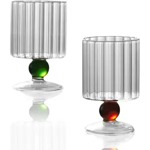 Ribbed   Glasses Set of 2, 7.1oz Ball-Shaped Base Goblet for , &Martini, Cute  Drinking Glassware,  for Couples & Wedding (Red &Green).