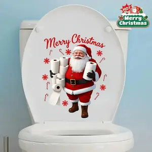 Funny Santa Toilet Paper Roll Holder, Snowflake Merry Christmas Decorative Sticker, Self-Adhesive Removable for Cabinet Door Wall Bathroom, Bathroom Decorations