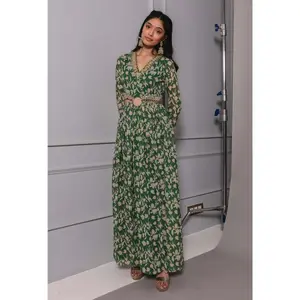 Green cut out printed anarkali