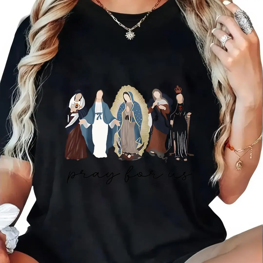 100% Cotton Mary Jesus Saints Pray For Us T-Shirt Women Men Outdoor Casual Short Sleeve Comfortable And Versatile