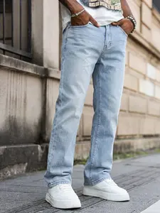 Men's Street Style Classic Casual Denim Jeans, Loose Fit Straight Leg Jeans, Vintage Champagne Blue, Fashionable Daily Wear, Light Wash