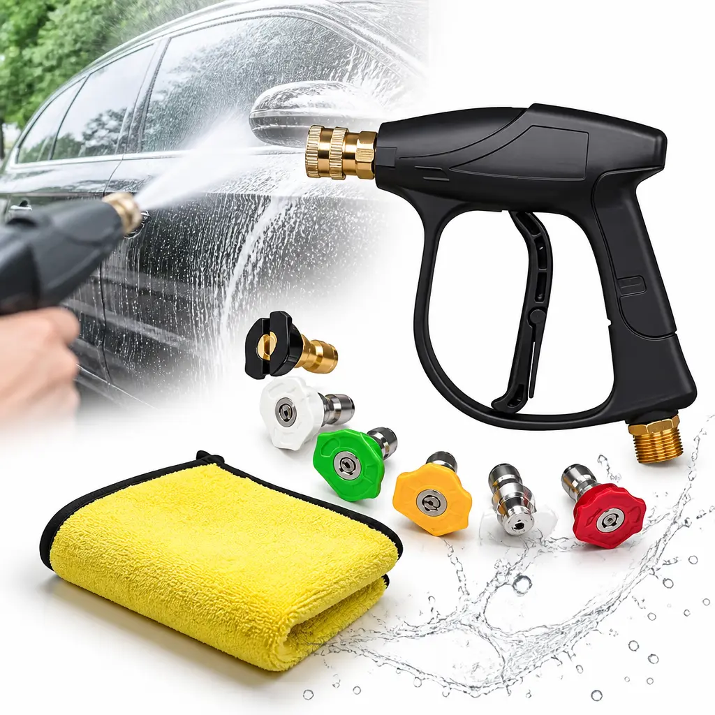 Durable Plastic High Pressure Washer Gun Kit - 5 Quick-Release 5 Spray Nozzle Tips, M22 Adapter (14mm Inside Diameter), 1/4 in Outlet, Cleaning Towel, Locking Safety Handle, Stainless Steel 3000psi Attachment for Driveway, Auto, 5 Quick-Release Nozzles