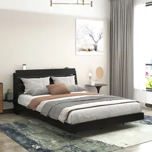 Queen Floating Bed Frame with LED Lights and Charging Station, Wood Queen Size Platform Bed Frame with Storage Headboard, No Box Spring Needed, Easy Assembly, Black