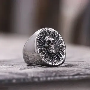 GTHIC Vintage Sunflower Skull Stainless Steel Ring for Men Women Fashion Accessory Statement Jewelry