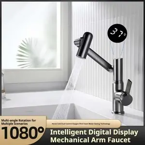 Multi-Function Rotating Bathroom Sink Faucet with 3 Spray Modes, Smart Digital Display Hot and Cold Mixer Tap for Vanity water aerator guard cover steel accessory summervibes construction