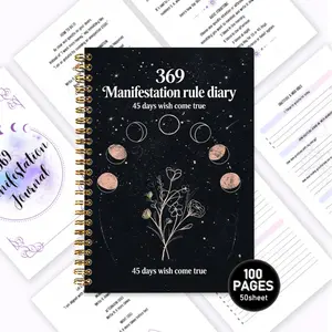 369 Law Wish Diary, a handbook specifically for female growth, 45-day manifestation plan sheet, guidance handbook for the Law of Attraction, an artistic cover featuring starry moon phases, 100 pages of design, steps for manifestation, guidance on strength
