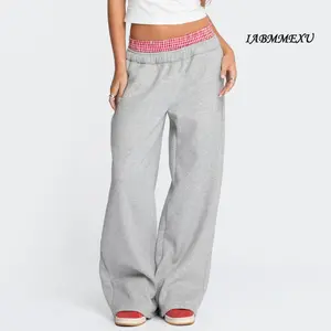 2025 Spring Women's Elastic Running Trousers Grid Splicing Sports Pants Casual Wide Leg Three-quarter Length Ladies Fashion