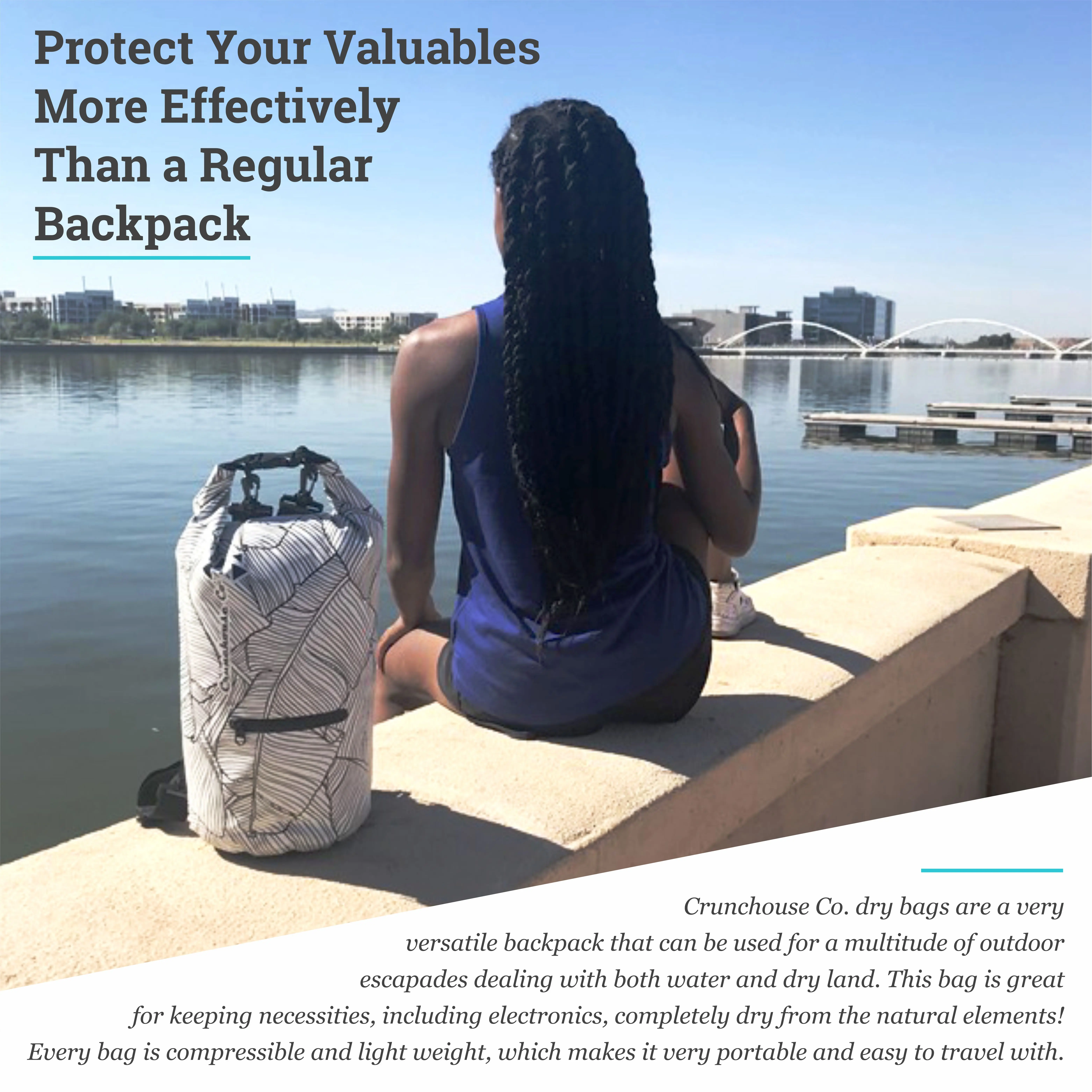 Compressible Floating Backpack 10L - Stylish Geometric Pattern, Waterproof, Touch-Sensitive Phone Pouch, Ideal for Camping & Hiking