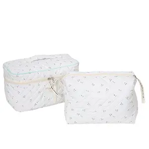 2PCS Cotton Quilted Makeup Bag, Multifunctional Storage Bag，Large Travel Cosmetic Bag Coquette Makeup Pouch Cute Cherry Toiletry Bag for Women Girls Durable Elegant Make-up Bags aesthetic cherry makeupbag