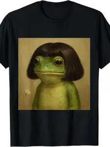 Funny Frog Bob Hairstyle Expression T-Shirt, Unisex Casual Fun Geometric Pattern Top, Perfect Gift Choice, Comfortable Fitted Short Sleeve