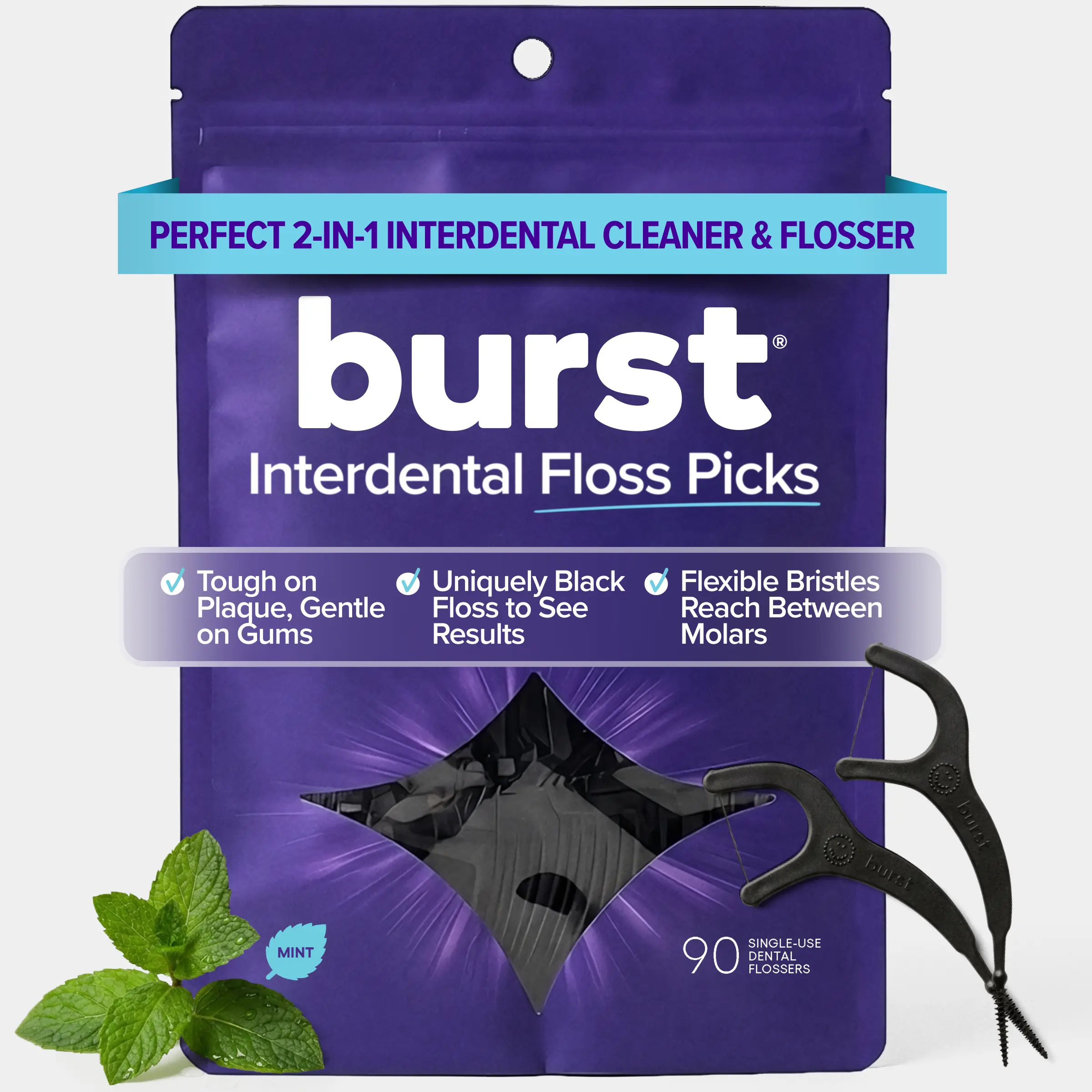 BURST Interdental Floss Picks - 2-in-1 Dual-Action Tool, Black Floss, Soft Silicone Pick for Gentle Cleaning BURST Interdental Floss Picks - 2-in-1 Dual-Action Tool, Black Floss, Soft Silicone Pick for Gentle Cleaning