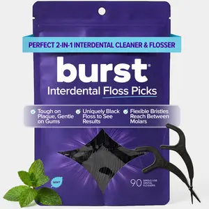 BURST Interdental Floss Picks - 2-in-1 Dual-Action Tool, Black Floss, Soft Silicone Pick for Gentle Cleaning