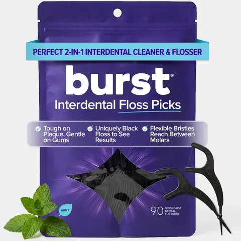 BURST Interdental Floss Picks - 2-in-1 Dual-Action Tool, Black Floss, Soft Silicone Pick for Gentle Cleaning
