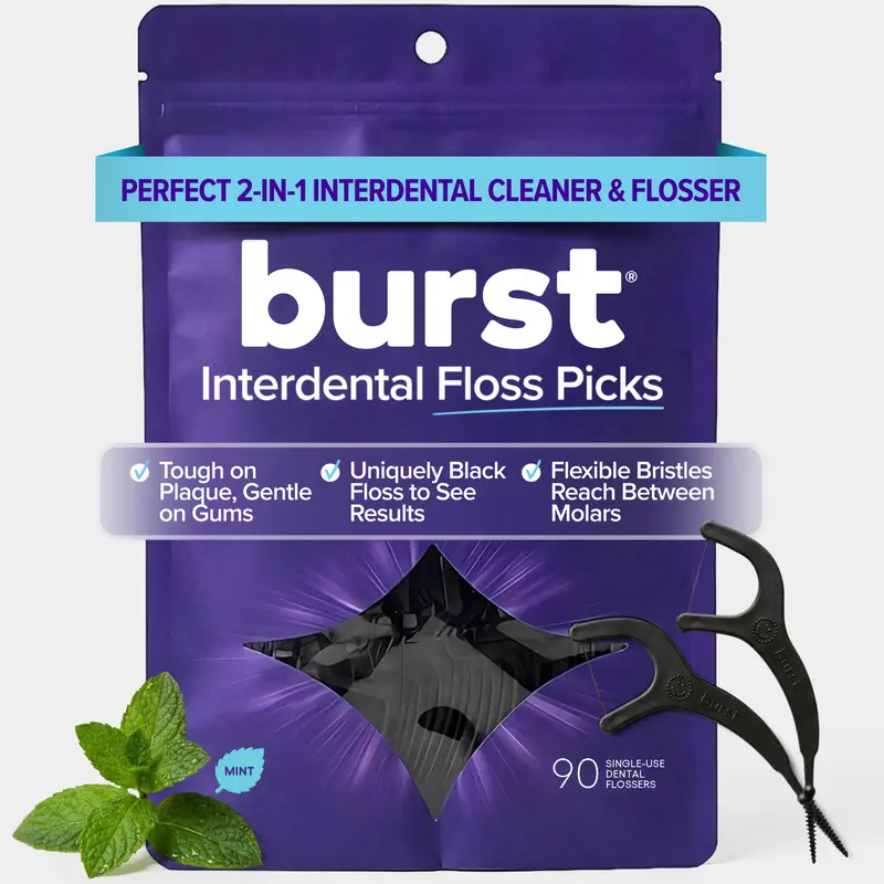BURST Interdental Floss Picks - 2-in-1 Dual-Action Tool, Black Floss, Soft Silicone Pick for Gentle Cleaning