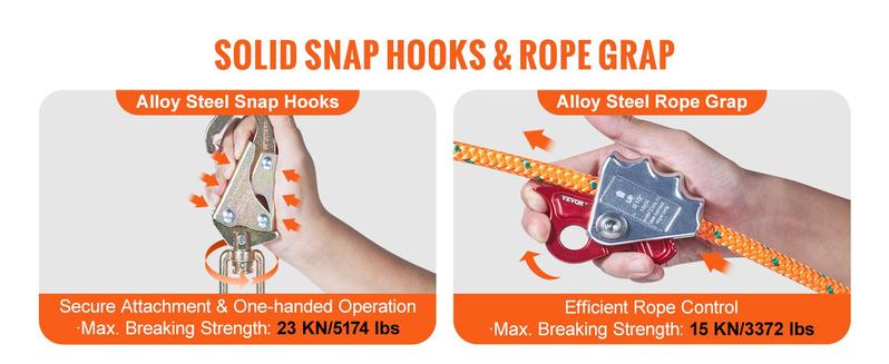 VEVOR Steel Core flipline, TikTokShopBlackFriday, 1/2" x 8' Arborist Flipline, Flip Line for Tree Climbing with Alloy Steel Snap Hook, Aluminum Alloy Carabiner and Extra Tool Lanyard, for Arborist, Tree Climbers