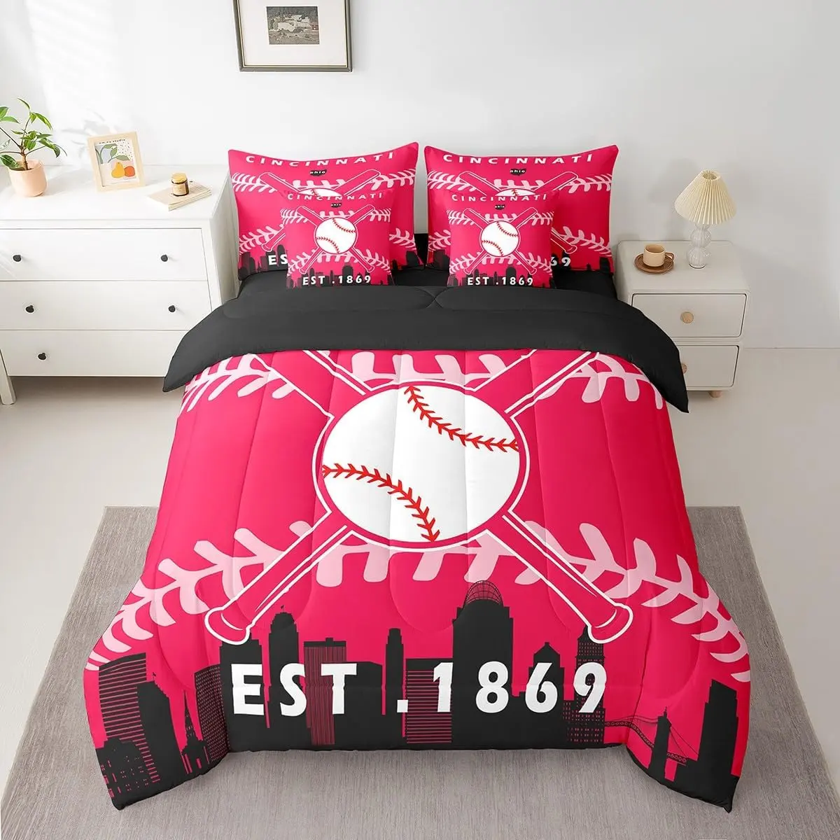 Feelyou Ultra Soft 7-Piece Baseball Theme Bedding Comforter Set, Multi-Size Sports Bed-in-a-Bag with Flat Sheet, Fitted Sheet, Pillowcases and Cushion Cases (Cincinnati), Seven Pieces