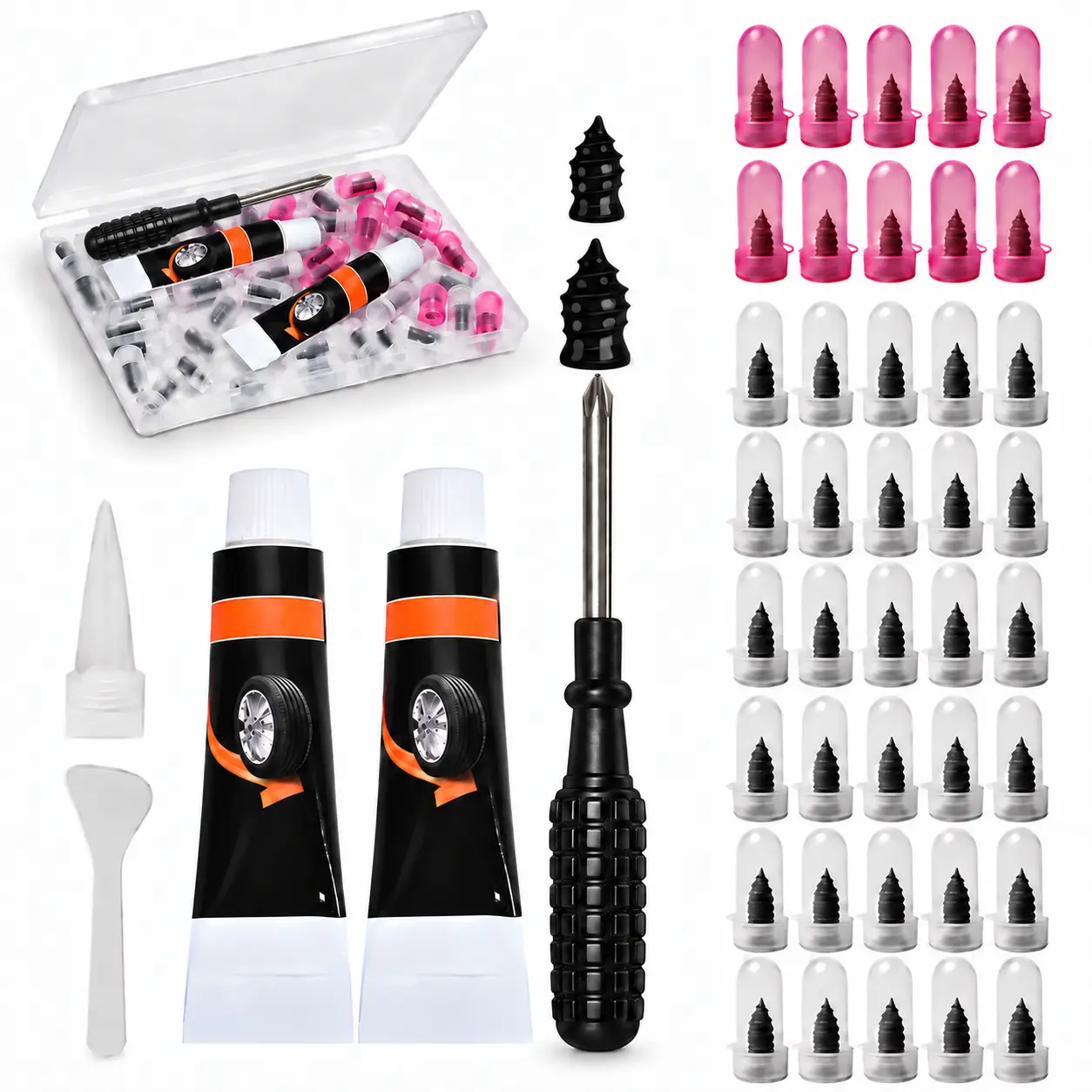 Spiral Rubber Screw Tire Repair Kit for emergency- Automotive Maintenance Tools, Car Tools, Multi-Size Vacuum Rubber Nails (30 Large, 10 Small) + 2 Adhesive, Tire Plugs for Cars, Trucks, Cycling Outdoor Puncture Sealing Fast Self-Repair Adhesive Kit