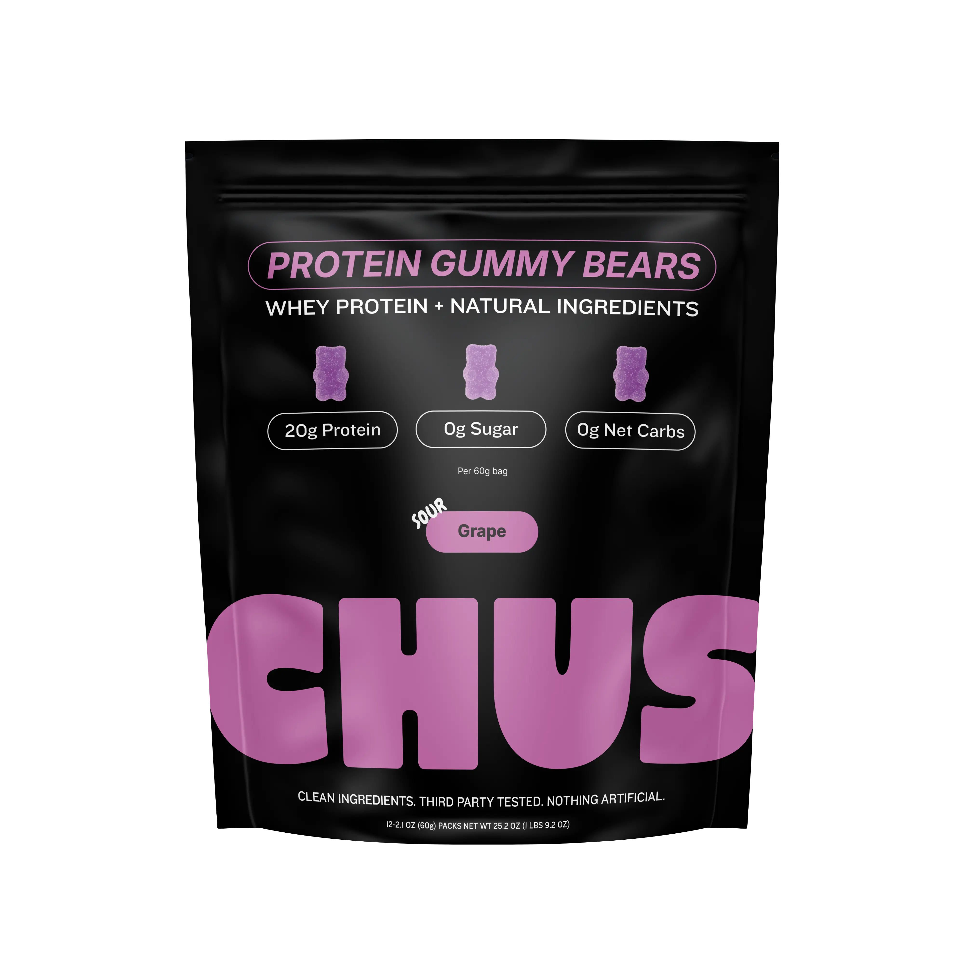 Chus Protein Gummy Bears | Sour Grape 12-Pack | 20g of Protein per Pack