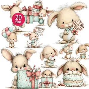 Adorable Cartoon Rabbit Stickers 2D Flat Decorative Stickers Birthday Gift Cake Party Scene Stickers