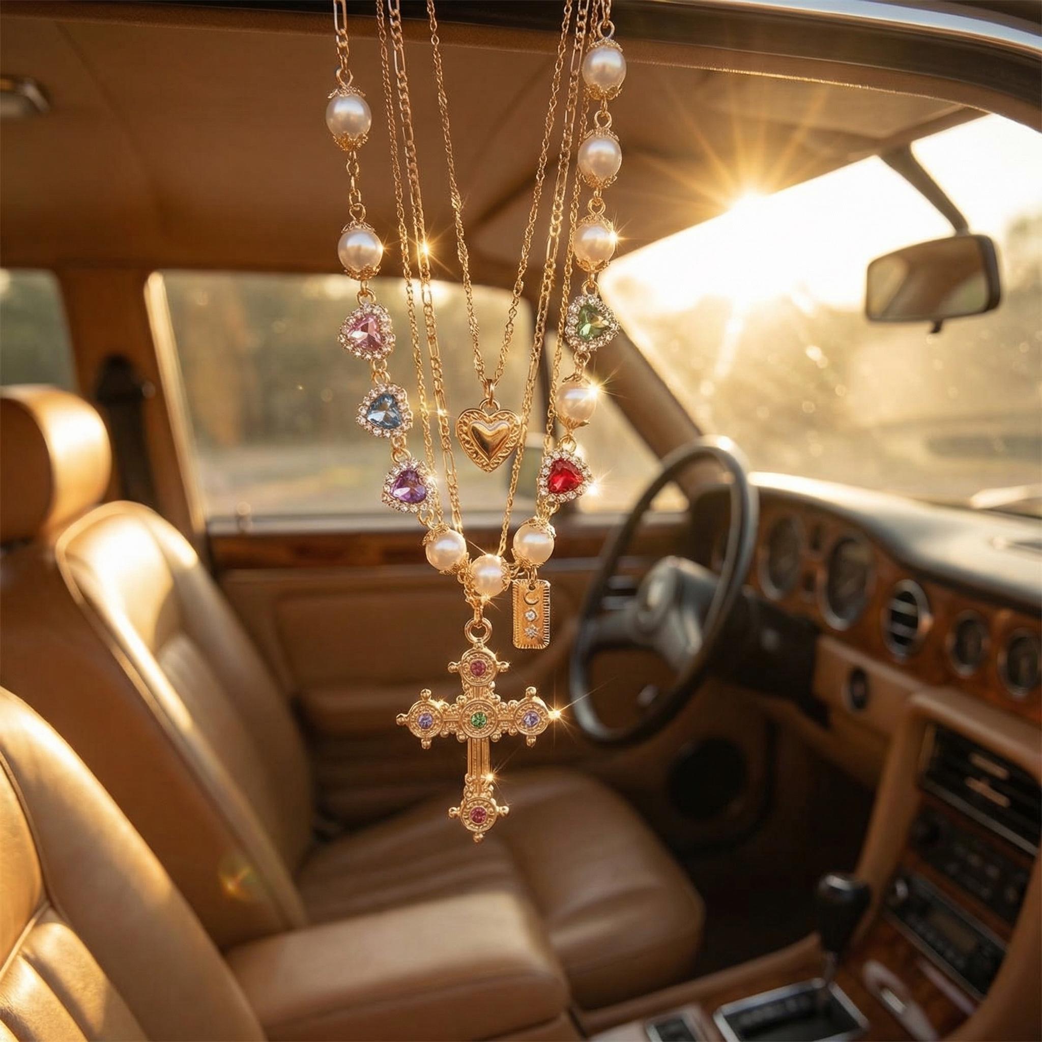 4Pcs Universal Car Interior Hanging Decor | Retro Gold Baroque Cross & Pearl Charm | Gothic Mirror Jewelry Accessory | Perfect Creative Gift for Her Interior Solar Powered Winter Windshield Defroster Adjustable High-Powered Dual Motor Off-Road Scooter